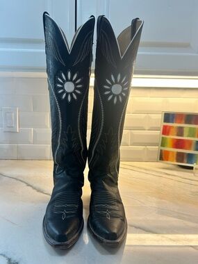 Lucchese Black Western Heeled Boots with White Sunburst Inlay